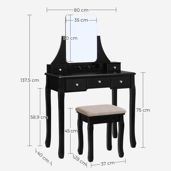 Μπουντουάρ Με Καθρέφτη & Σκαμπό (80x40x137.5) Vasagle RDT25BK