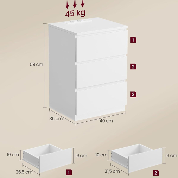 Κομοδίνο Με Ενσωματωμένες Πρίζες & USB (40x35x59) Vasagle LET631W14