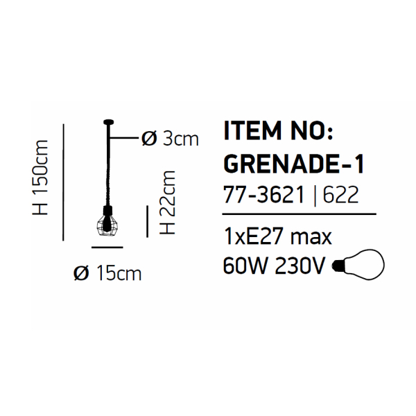 Φωτιστικό Οροφής Μονόφωτο Homelighting Grenade 77-3621 Rope/Black Matt