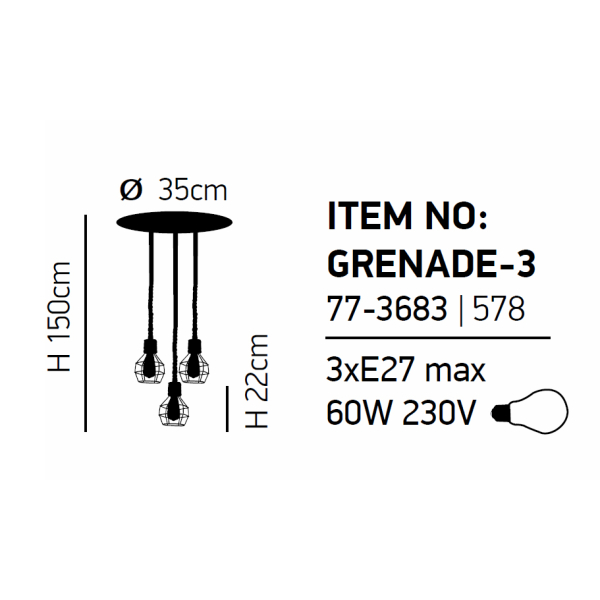 Φωτιστικό Οροφής Τρίφωτο Homelighting Grenade 77-3683 Rope/Black Matt